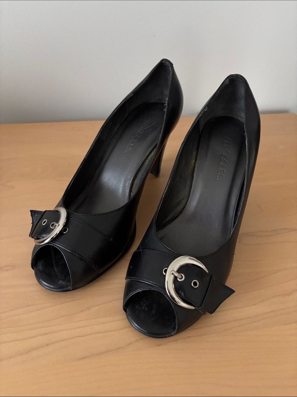 AEROSOLES Black Peep-Toe Heels with Silver Buckle Accent